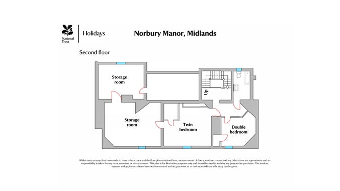 The second floor plan of Norbury Manor, showing a double bedroom, a twin bedroom and a bathroom